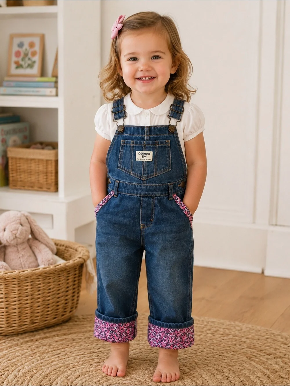 OshKosh B'gosh Blue Denim Overalls with Pink Floral Accents 2T